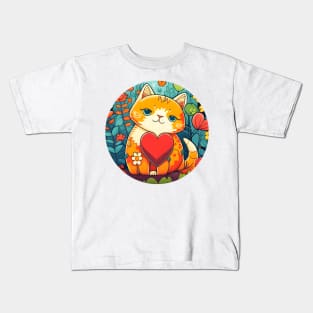 Cat Heart With Bright Eyed Orange Kitty In The Garden - Funny Cats Kids T-Shirt